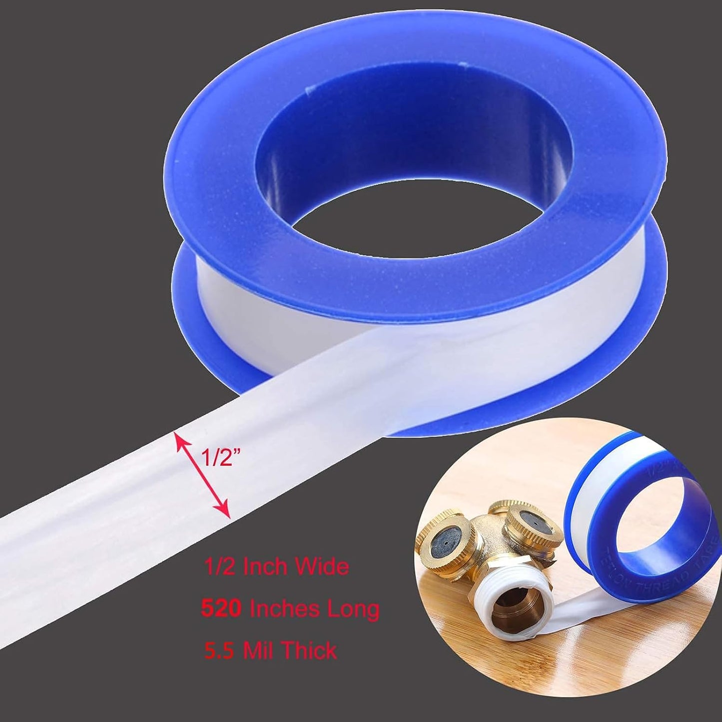 Plumbers PTFE Pipe Sealant Tape, 5.5mil Thick, Flex Seal Tape Waterproof, -212 to 500 Degree F Temperature Range, White (1/2 by 520 Inches 1 Roll)