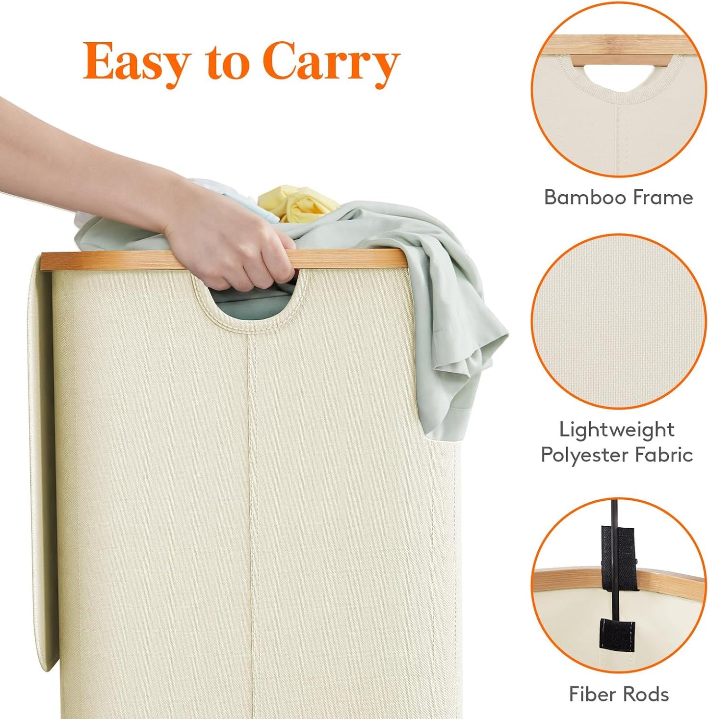 Lifewit 120L Laundry Basket with Lid, Clothes Hampers for Laundry with Bamboo Handles and 2 Removable Bag, Large Foldable Laundry Hamper for Bedroom, Bathroom, Dorm, Laundry Room, Beige