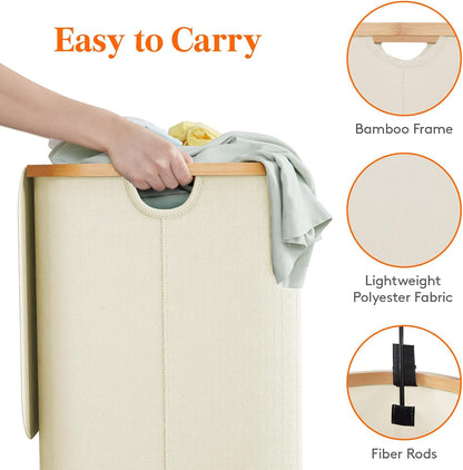 Lifewit 120L Laundry Basket with Lid, Clothes Hampers for Laundry with Bamboo Handles and 2 Removable Bag, Large Foldable Laundry Hamper for Bedroom, Bathroom, Dorm, Laundry Room, Beige