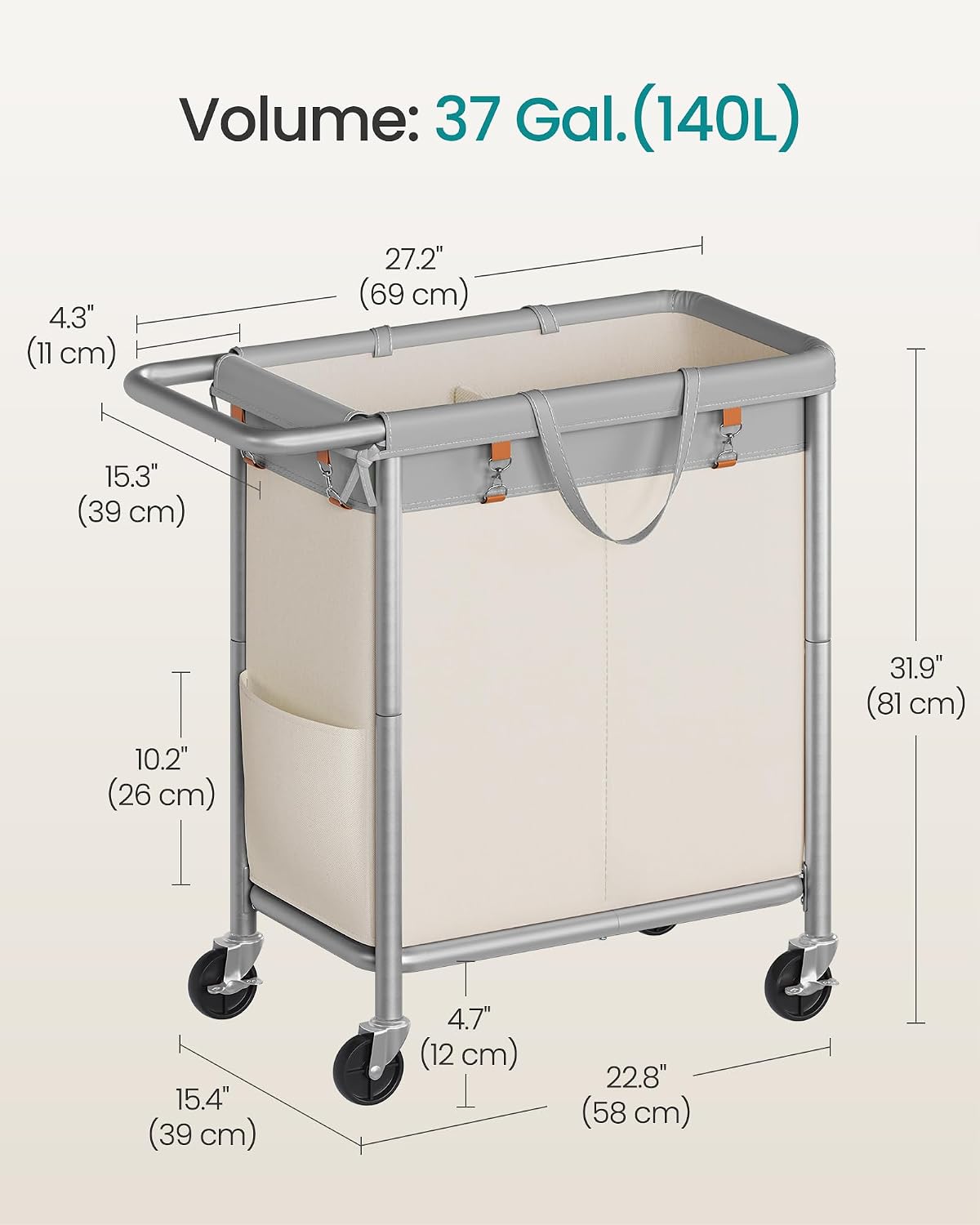 SONGMICS Laundry Basket with Wheels, 3-Section Rolling Laundry Hamper, 52.8 Gallons (200 L), Removable Liner, Steel Frame with Handle, 35.8 x 15.4 x 31.9 Inches, Cream White URLS005W01