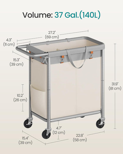 SONGMICS Laundry Basket with Wheels, 3-Section Rolling Laundry Hamper, 52.8 Gallons (200 L), Removable Liner, Steel Frame with Handle, 35.8 x 15.4 x 31.9 Inches, Cream White URLS005W01