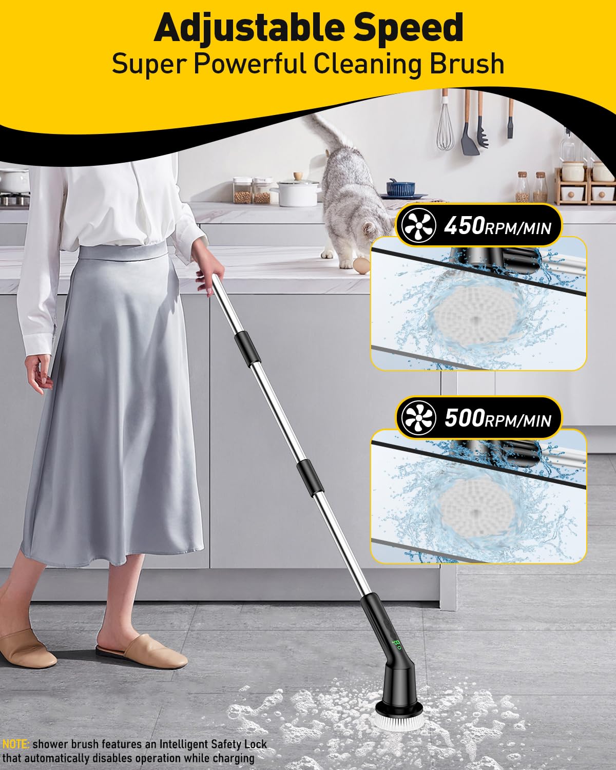 Shower Scrubber with Long Handle, Shower Cleaner Brush with 8 Floor Machine Pads, Cordless Electric Spin Scrubber for Cleaning with 2 Speed, Cleaning Supplies for Bathroom Bathtub Kitchen Floor Tile