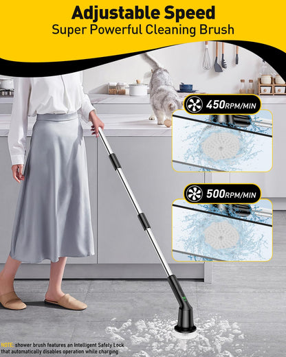 Shower Scrubber with Long Handle, Shower Cleaner Brush with 8 Floor Machine Pads, Cordless Electric Spin Scrubber for Cleaning with 2 Speed, Cleaning Supplies for Bathroom Bathtub Kitchen Floor Tile