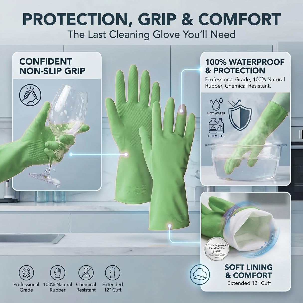 ForPro Natural Rubber Gloves, 6 Pairs Reusable Multi-Purpose Household Cleaning Gloves with Soft Inner Lining, Waterproof & Chemical-Resistant, Wild Cherry, Small