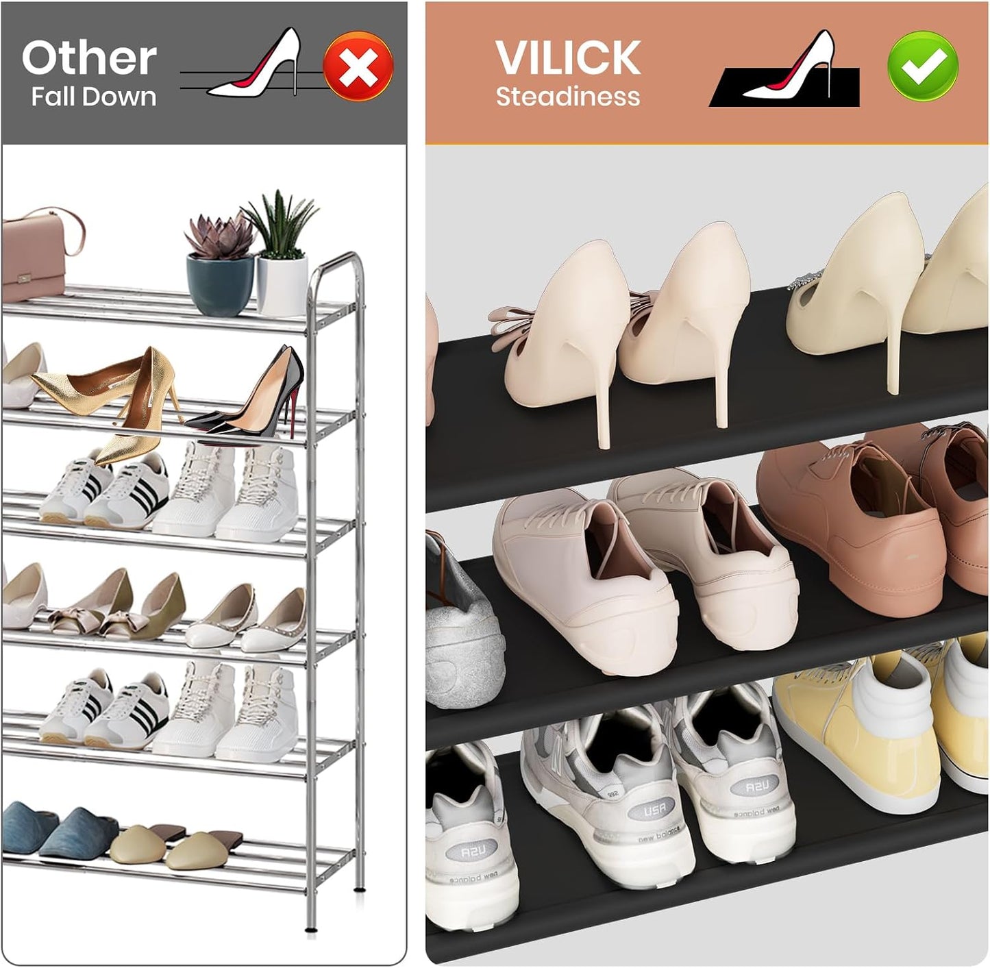 VILICK 5 Tier Shoe Rack with Hook and Side Pocket,Shoe Organizer Space Saver Storage for 20-25 Pair Shoe Storage Shelf Sturdy Free Standing Long Shoe Rack Organizer for Closet,Entryway,Small Spaces