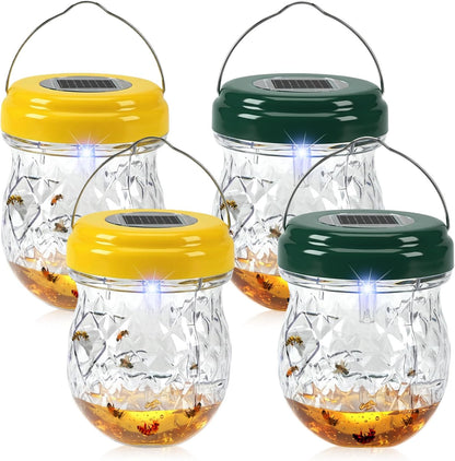 2026 Solar Wasp Traps Outdoor Hanging, Reusable Yellow Jacket Traps with LED Light, IP65 Waterproof Hornet Trap & Wasp Catcher for Outside Patio Garden Patio Backyard Camping (4 Pack)