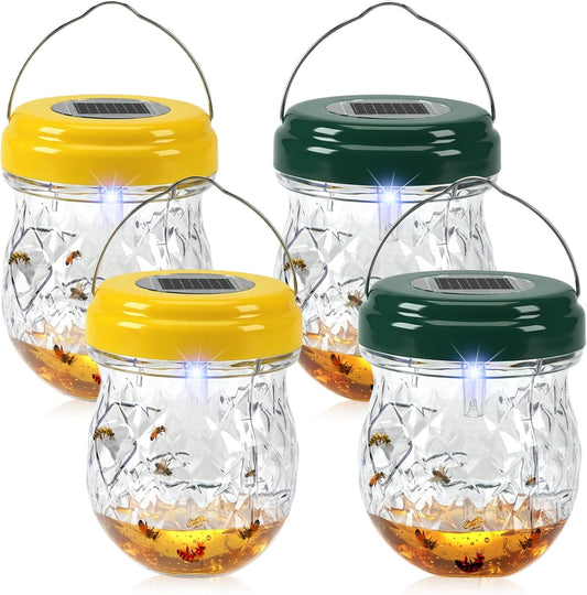 2026 Solar Wasp Traps Outdoor Hanging, Reusable Yellow Jacket Traps with LED Light, IP65 Waterproof Hornet Trap & Wasp Catcher for Outside Patio Garden Patio Backyard Camping (4 Pack)