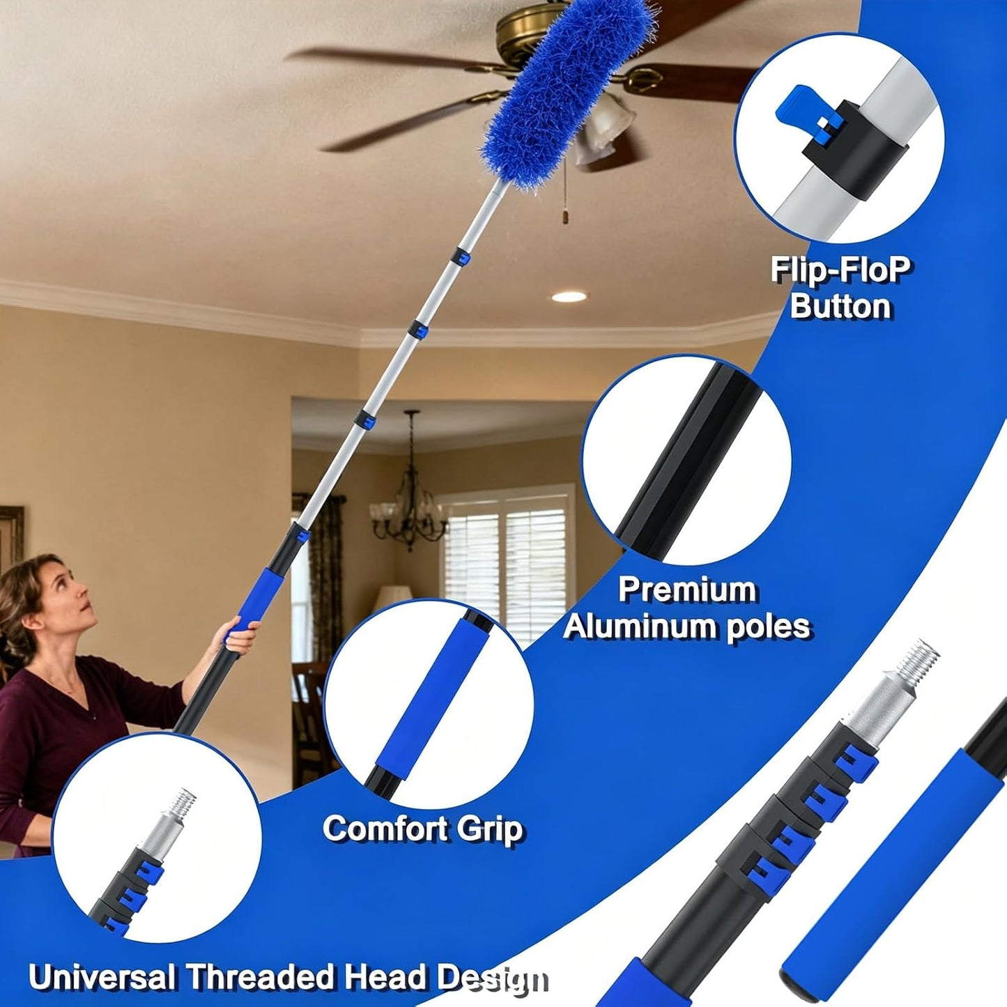 30FT Reach Duster Kit, Window Cleaning with 5-24FT Telescoping Extension Pole, High Ceiling Duster, Microfiber Feather Duster, Cobweb Duster, Window Squeegee, Feather Duster, Extendable Pole Kit
