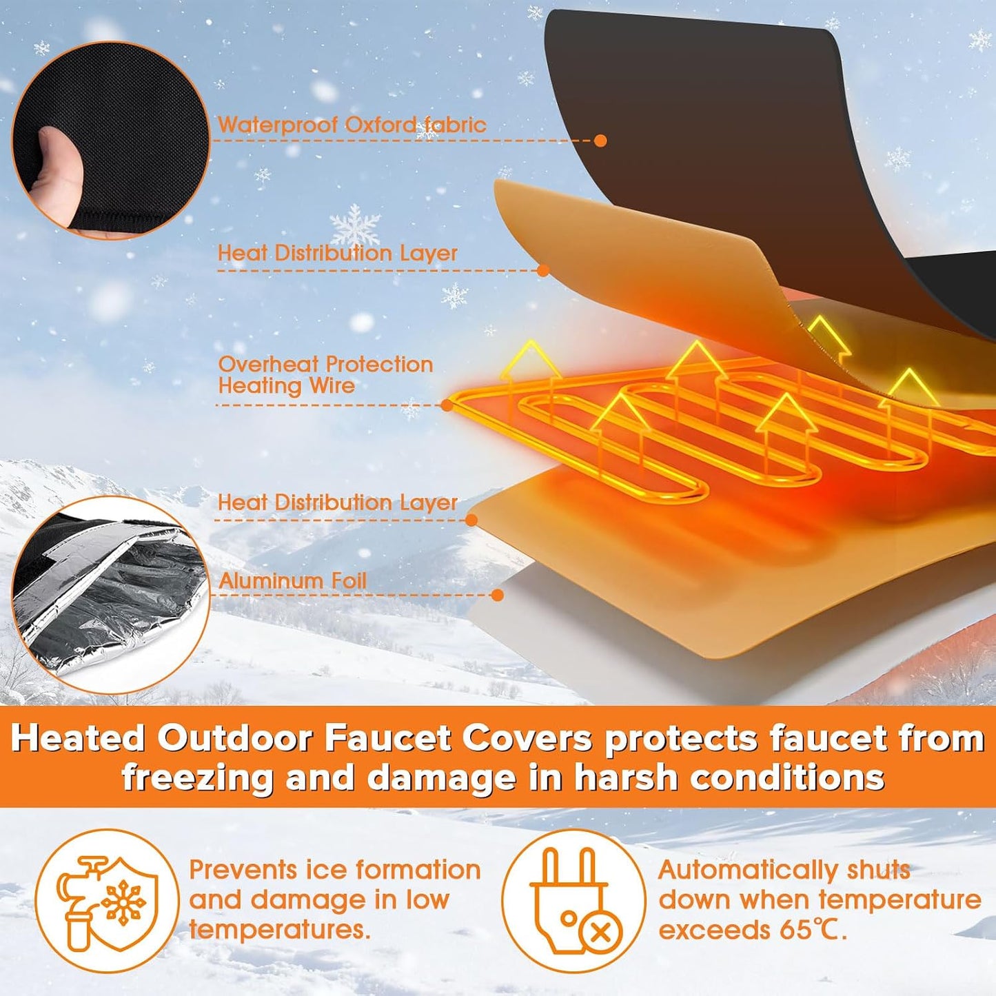 Heated Outdoor Faucet Covers for Winter Freeze Protection, 25.6" x 13.8" Outdoor Faucet Heating Cover, Reusable Waterproof Spigot Cover Winter Insulated Long Faucets Sock for Outside Faucet Hydrant