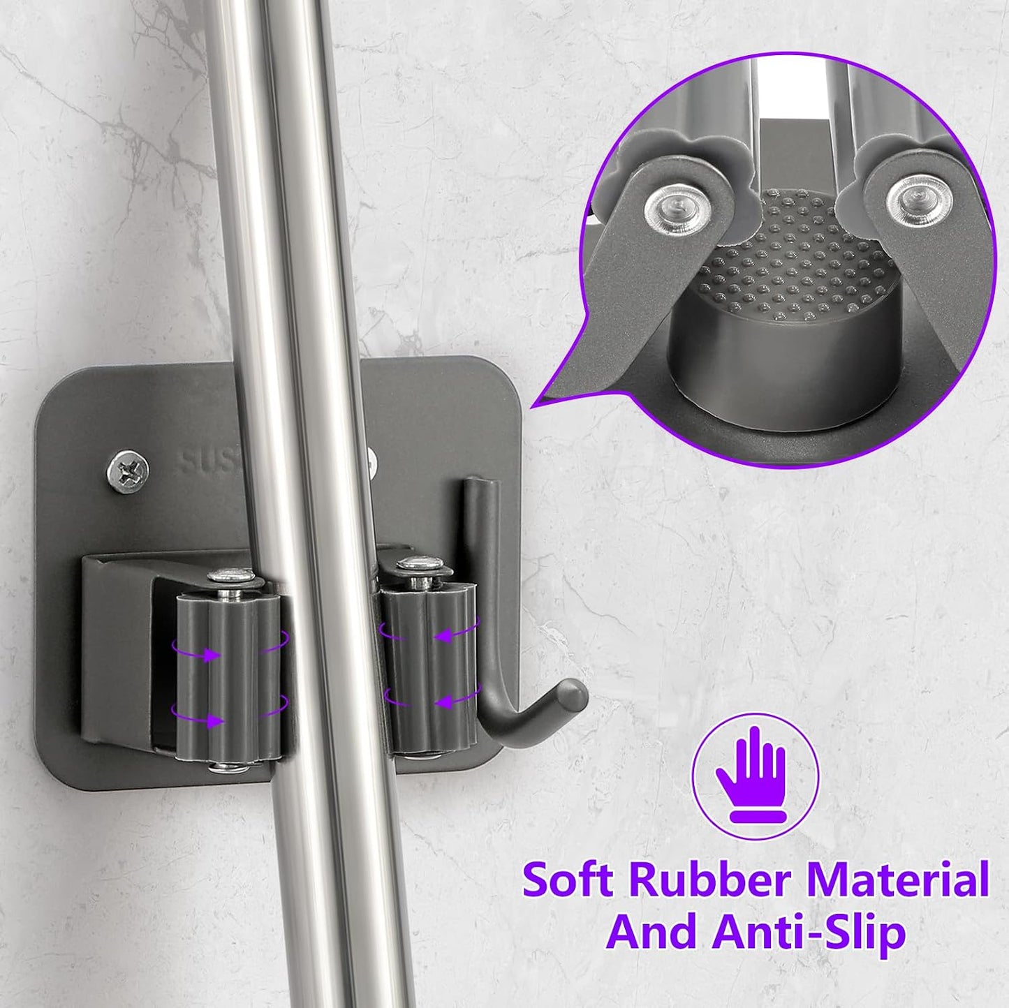 Stainless Steel Broom Holder, Heavy Duty, Rust Resistant, 4 Gripper Positions with 4 Hooks, Black