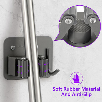 Stainless Steel Broom Holder, Heavy Duty, Rust Resistant, 4 Gripper Positions with 4 Hooks, Black