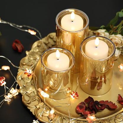 NURADA Flameless Candles with Remote Timer - Glass Real Wax 3D Wick LED Pillar Votive Candle Set Battery Operated Flickering Light for Home Christmas Decoration - White 3 Pack