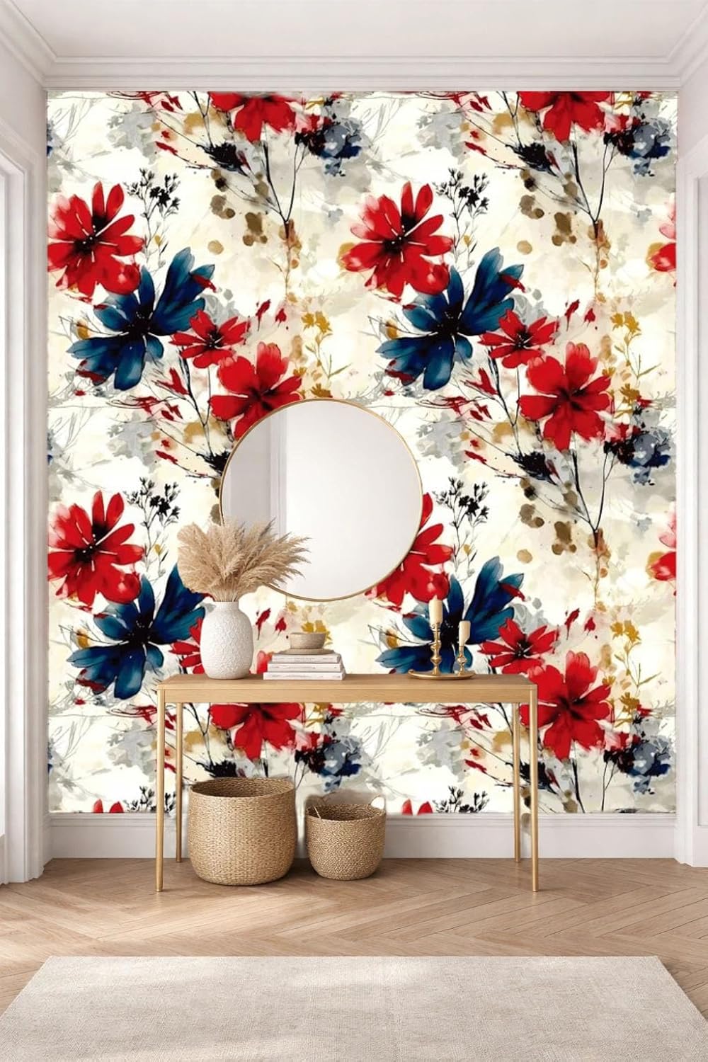 Red Watercolor Floral Peel and Stick Wallpaper Removable Self Adhesive Floral Wall Covering for Living Room Bedroom Accent Wall 17.7 x 70.8 in