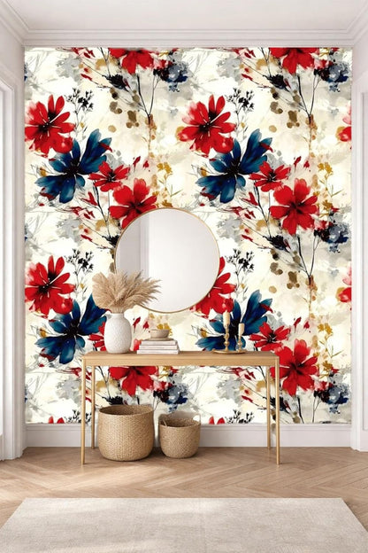 Red Watercolor Floral Peel and Stick Wallpaper Removable Self Adhesive Floral Wall Covering for Living Room Bedroom Accent Wall 17.7 x 70.8 in
