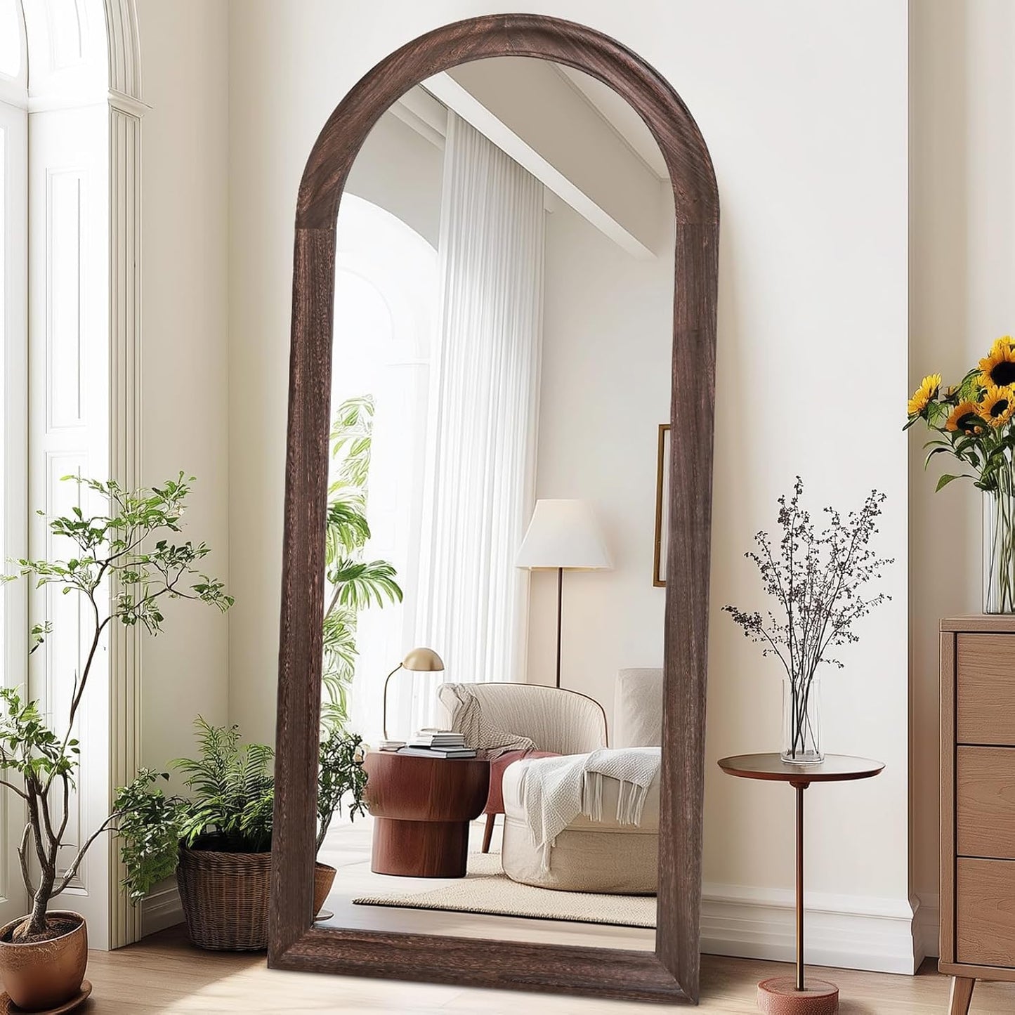 Solid Wood Full Length Mirror - 65"x22" Arched Floor Mirror, Free Standing & Wall Mounted - Elegant Design for Bedroom, Dressing Room, Hallway, Brown