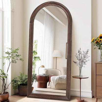 Solid Wood Full Length Mirror - 65"x22" Arched Floor Mirror, Free Standing & Wall Mounted - Elegant Design for Bedroom, Dressing Room, Hallway, Brown
