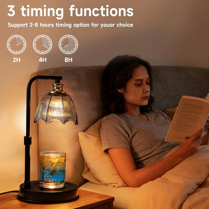 Candle Warmer Lamp with Timer, Dimmer, Vintage Glass Shade | Adjustable height, 2/4/8-hour timer, wood base, 2 bulbs included