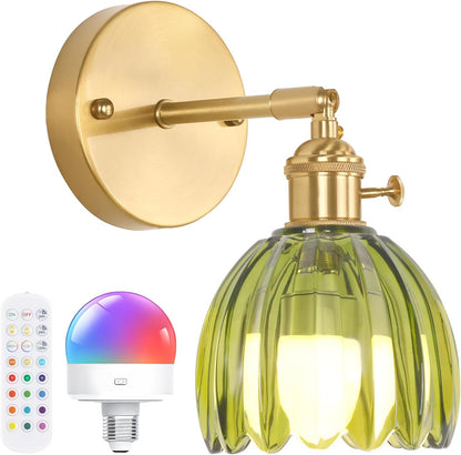 Shenmoyl Vintage Battery Operated Wall Sconce with Transparent Tulip Glass Lampshade Rechargeable Battery Powered Wall Light with Remote Control for Bedside Bedroom Doorway, Set of 2