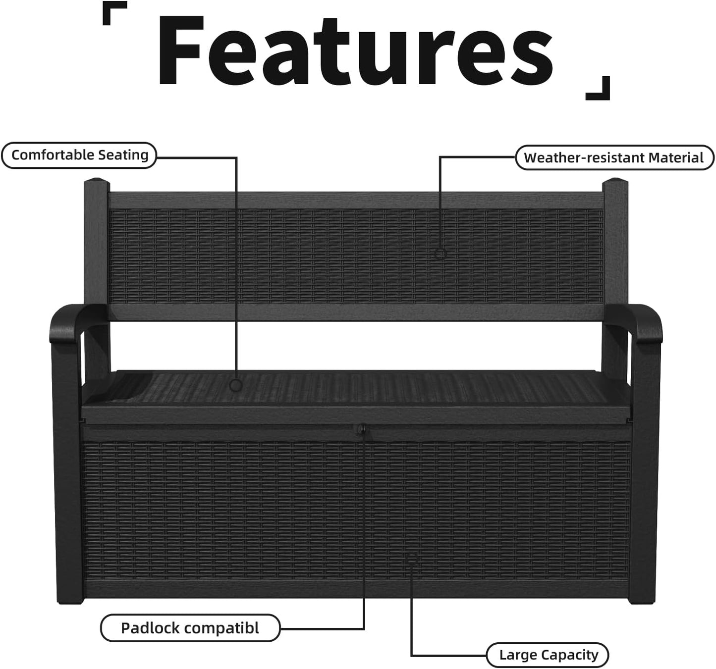 PatioZen 80 Gallon Outdoor Storage Bench Deck Box Waterproof Lockable,Outdoor Storage Furniture for Patio,Garden and Porch,Tools and Cushions（Black）
