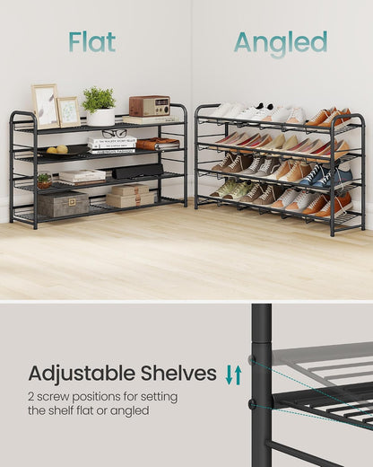 SONGMICS Stackable Shoe Rack, 4 Tier Metal Shoes Rack Storage Shelf, Holds up to 16 Pairs Shoes, Adjustable Slanted Shelves Shoe Tower Organizer for Closet Entryway Small Spaces, Black