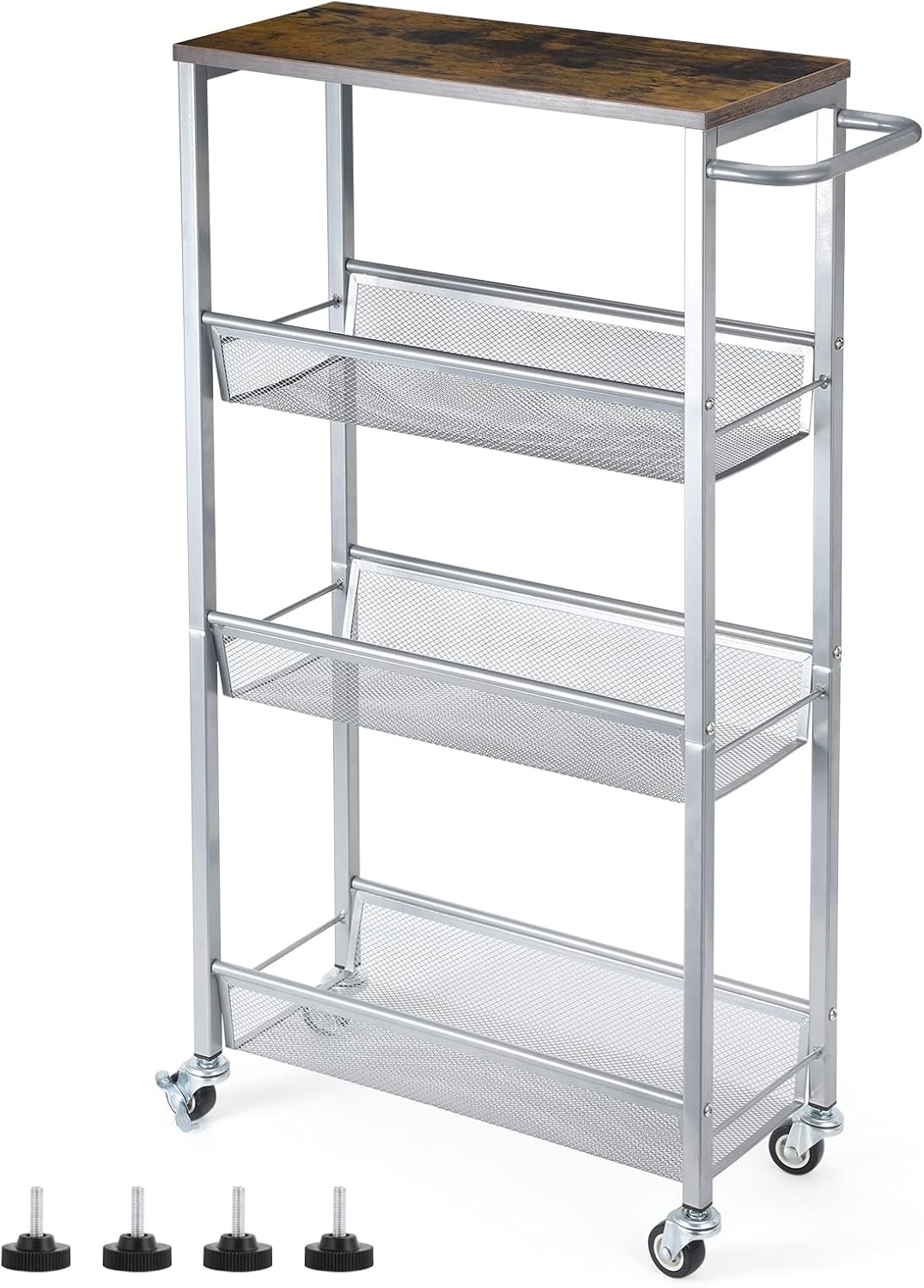 NANANARDOSO 4 Tier Slim Storage Cart, Shelving Unit for Small Space, Rolling Storage Cart with Wooden Top and Metal Handle for Narrow Space on Kitchen, Bathroom, Laundry Room, Black.