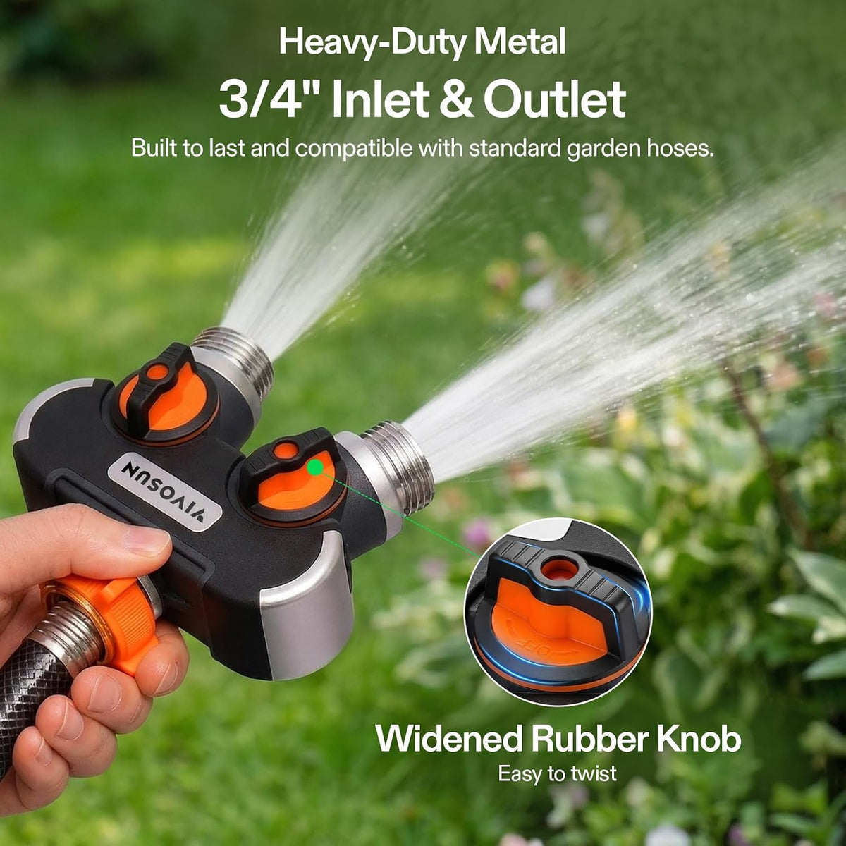 VIVOSUN Garden Hose Splitter 2 Way Heavy Duty, Upgraded Highly Durable Dual Water Hose Connector, Faucet Adapter with Comfortable Rubberized Grip for Drip Irrigation, Lawns