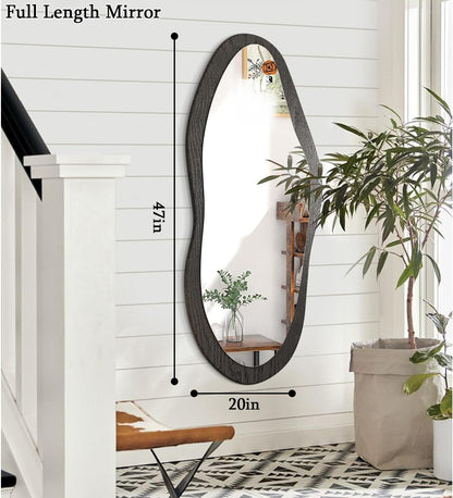 AAZZKANG Irregular Wall Mirror Full Length Black Wood Framed Large | 47"x20" Asymmetrical Full Body Mirrors for Bedroom Living Room Entryway