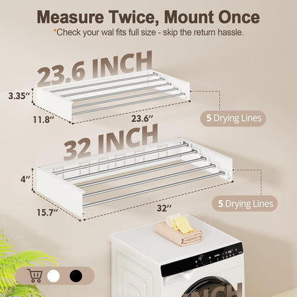 Wall Mounted Clothes Drying Rack Folding Indoor, Foldable Laundry Drying Rack Collapsible,Invisible, Space Saving, Retractable Towel Drying Rack, with Wall Template(5 Drying Rods, White 32")
