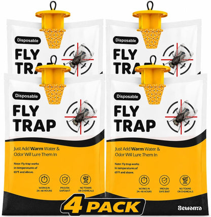 Outdoor Fly Trap Bags [Set of 4] Disposable Fly Traps Outdoor - Hanging Fly Traps with dissolvable Non-Toxic Bait - Bug Catcher Killer for All Flies for Outside Bug Control Patio, Barn and Ranch Etc