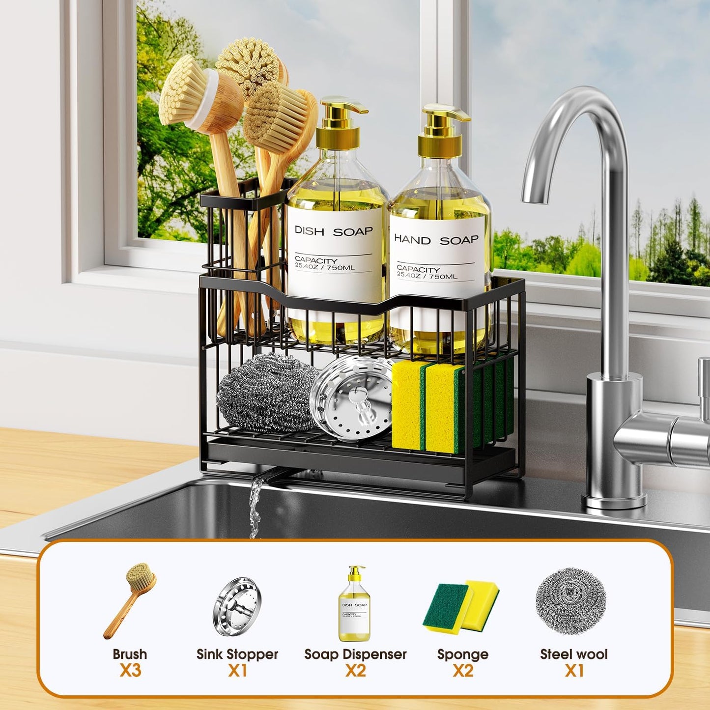 2-Tier Rustproof Kitchen Sink Caddy with Self-Draining Tray, Dish Brush & Sponge Holder, Non-Slip Base - Black