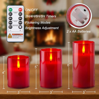 Homemory Green Glass Flameless Candles, Battery Operated LED Pillar Candles with Remote Control and Timer, Radiance Candles, Real Wax, Set of 3,D3 xH4 5" 6"