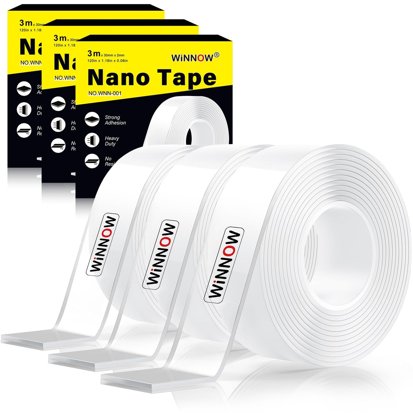 WINNOW Double Sided Heavy Duty Extra Strong Adhesive Tape - 1.2" x 120" (Pack of 1) Indoor/Outdoor Household Nano Tape for Hanging Decorations, Lights, Garlands - Reusable and Damage-Free
