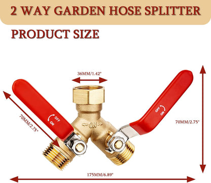 Garden Water Hose Splitter - RV Water Splitter 2 Way Heavy Duty Brass Spigot Hose Splitter - Outdoor Y Hose Bib 2 Valves with 2 Extra Rubber Washers for 3/4" Hose Connector (Blue)