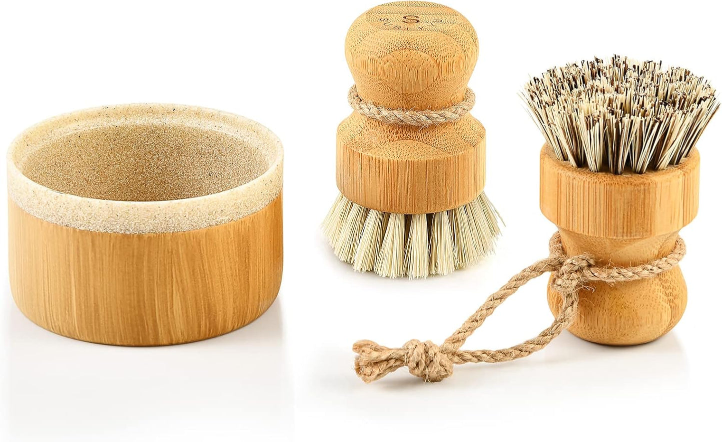 Bamboo Dish Scrub Brushes,Kitchen Wooden Cleaning Scrubbers Set for Washing Cast Iron Pan/Pot, Natural Sisal Bristles, Set of 3