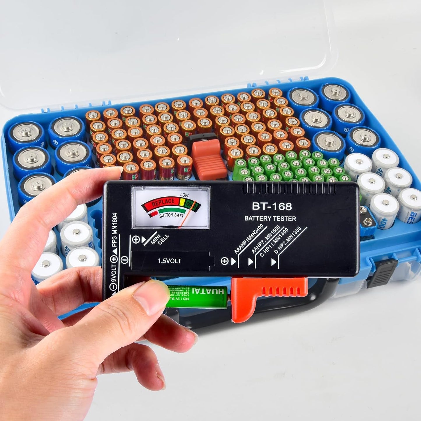 FULLCASE Double-Sided Battery Storage Organizer Case with BT-168 Tester, Holds 269, Fits AA AAA AAAA C D 9V 18650 CR123A CR2 23A 4LR44 and Coin Cells, Water-Resistant, Portable Handle - Deep Blue