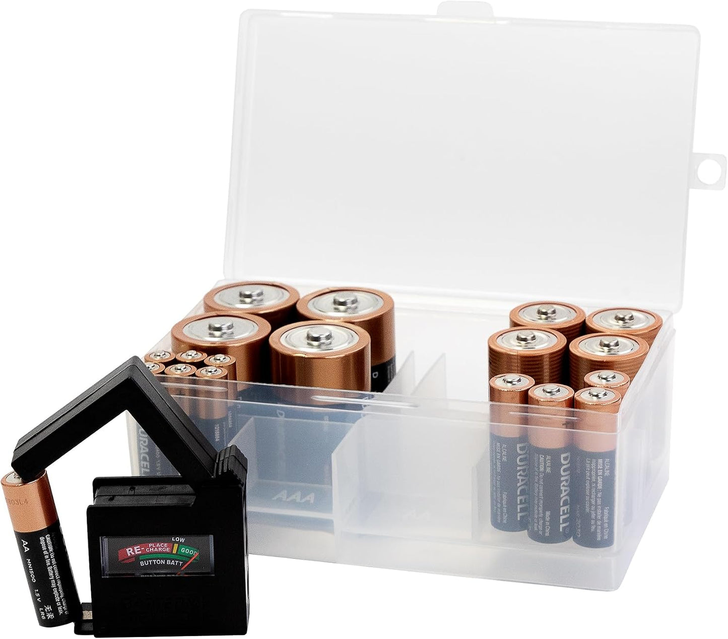 Dial Industries Battery Organizer Case with Tester for 12 AAA 12 AA 6C 4D | Compact cases for organizing in garage, toolboxes, RVs etc. Clear cases so easy to find in emergencies vs loose in drawer.