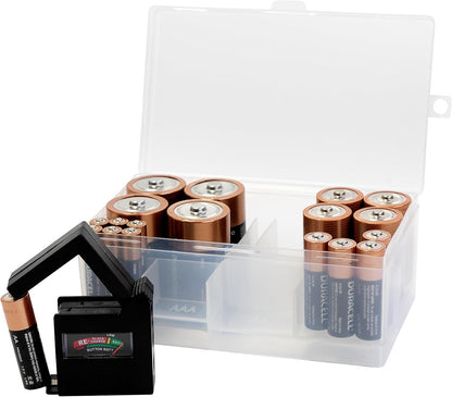 Dial Industries Battery Organizer Case with Tester for 12 AAA 12 AA 6C 4D | Compact cases for organizing in garage, toolboxes, RVs etc. Clear cases so easy to find in emergencies vs loose in drawer.