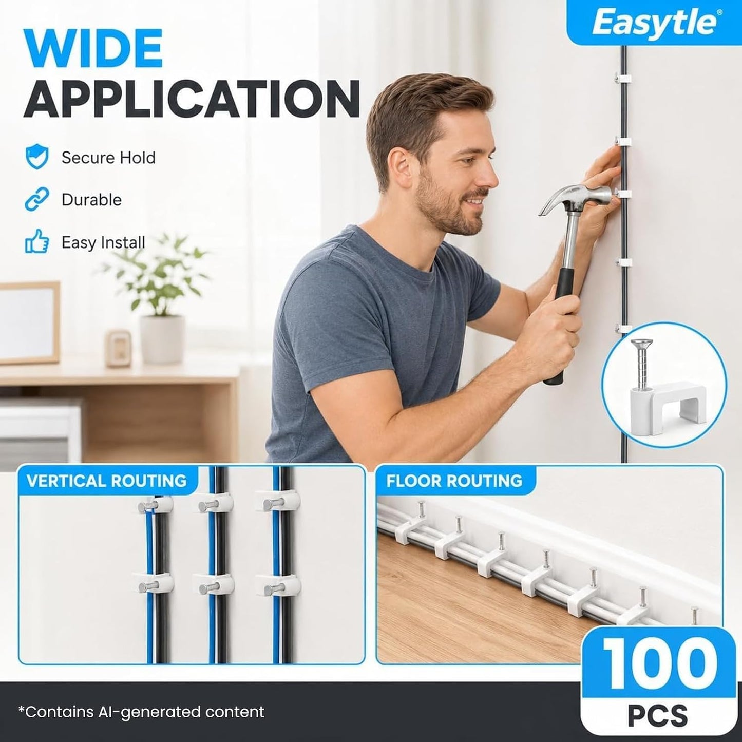 Cable Clips Nail in Cable Clips 100 Pcs 8mm Flat Ethernet Cable Wall Clips Cable Tacks Coax Cable Clip Speaker Wire Clips Cable Nails for Cords Cat5/Cat5e/Cat6/Cat7 RJ45 Cord Clips