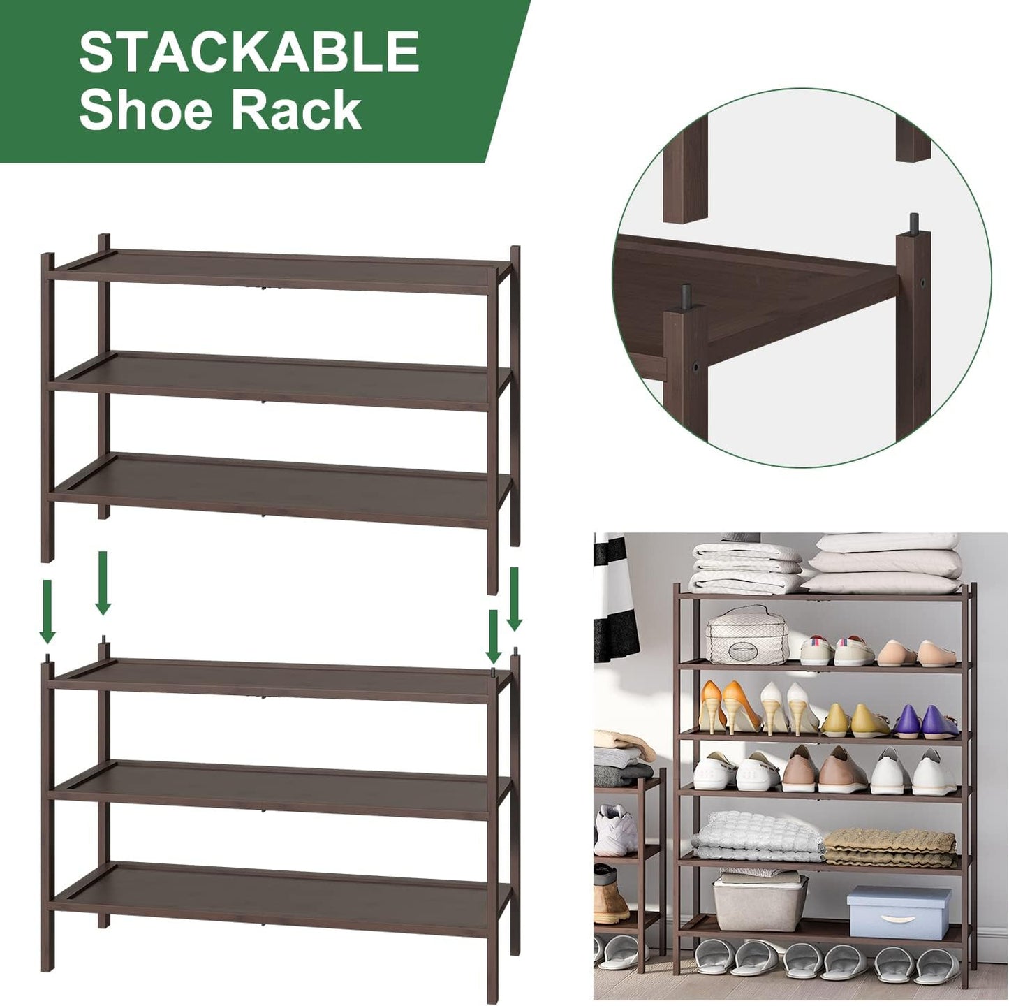 kiplant Small Shoe Rack, 4-Tier Bamboo Wood Shoe Rack for Entryway, Stackable Shoe Organizer for Hallway Closet, Free Standing Shoe Racks for Indoor & Outdoor