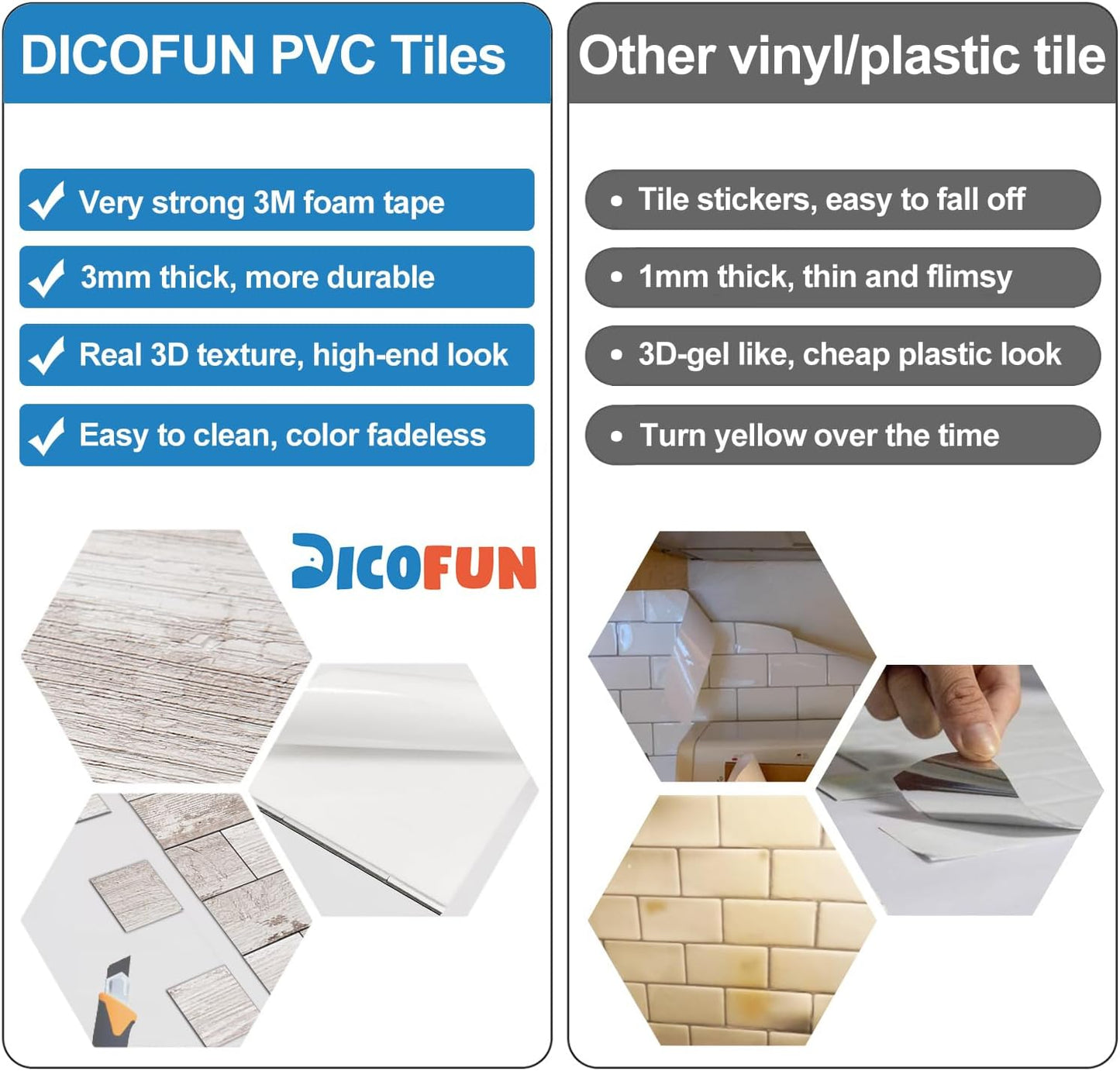 DICOFUN 10-Sheet Polished White Thick PVC Peel and Stick Backsplash, Ceramic Look Subway Tile White Kitchen Backsplash Peel and Stick Wall Tiles