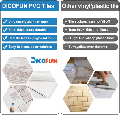 DICOFUN 10-Sheet Polished White Thick PVC Peel and Stick Backsplash, Ceramic Look Subway Tile White Kitchen Backsplash Peel and Stick Wall Tiles