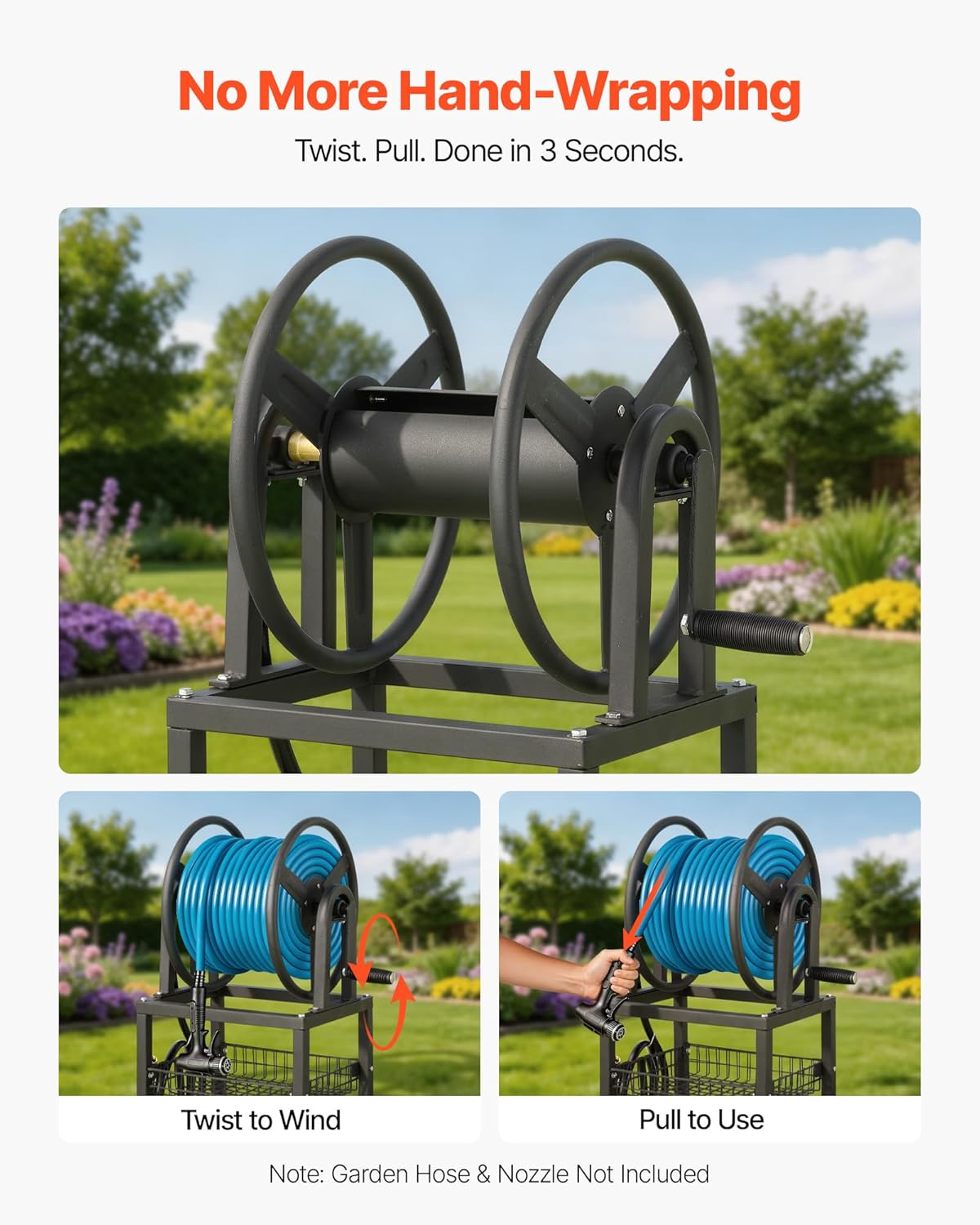 VEVOR Wall Mounted Garden Hose Reel, Holds 125 ft 5/8-inch Hose, Heavy-Duty Water Hose Winder, Space-Saving Design, Outdoor Manual Reel with Brass Fitting and Storage Basket for Yard Lawn