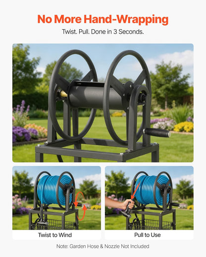 VEVOR Wall Mounted Garden Hose Reel, Holds 125 ft 5/8-inch Hose, Heavy-Duty Water Hose Winder, Space-Saving Design, Outdoor Manual Reel with Brass Fitting and Storage Basket for Yard Lawn
