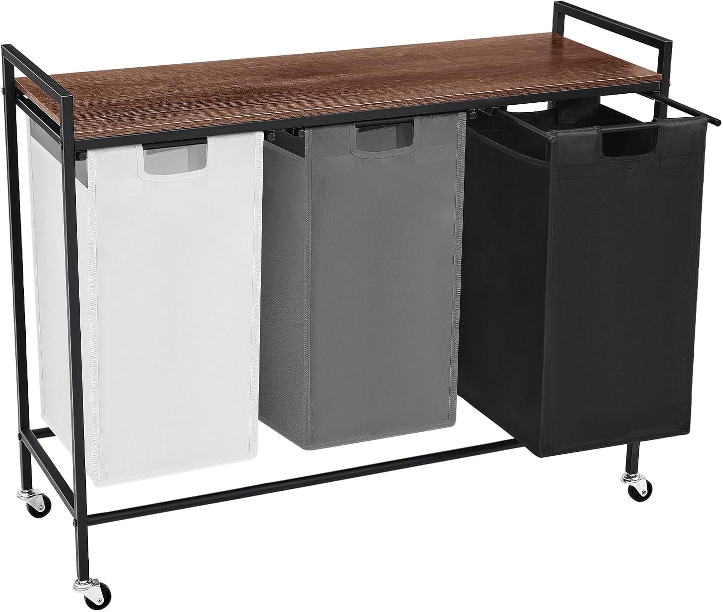 Laundry Sorter 3 Section, Rolling Laundry Hamper with Shelf, 3 Compartment Laundry Basket with Lid, Organizer Rustic Wooden Top (Black)