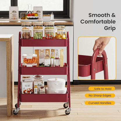 DUMOS 3 Tiers Rolling Cart, Utility Cart, Metal, White | Mobile Storage, Lockable Wheels, Utility Shelving Unit, Kitchen, Bathroom, Laundry, Narrow Places