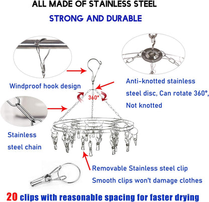 Stainless Steel Clothes Drying Rack with 36 Clips, 1 Pack, 360° Rotating Hanger, Windproof Design for Socks, Underwear, Baby Clothes, Towels, Lingerie, Scarves, Diapers, Laundry Drying Rack