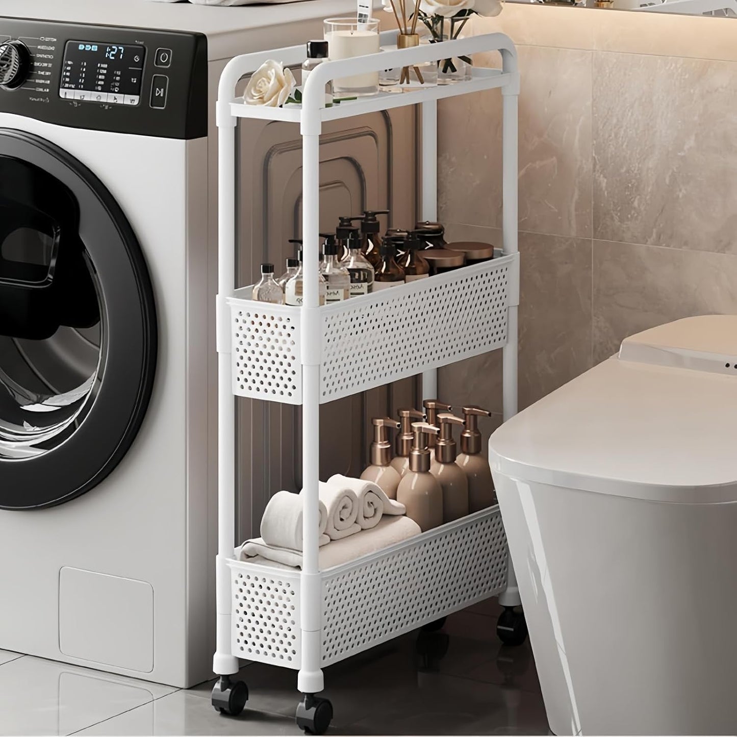 Slim Storage Cart, Plastic Kitchen Gap Storage, Multi-Layer Organizer with 360° Swivel Wheels for Kitchen Bathroom (Black,3 Tier)