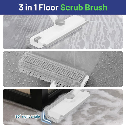 3 in 1 Floor Scrub Brush with Long Handle & Squeegee | Heavy-Duty, Adjustable, 360° Rotating Head for Cleaning Tile Bathroom Deck Kitchen Patio, Blue