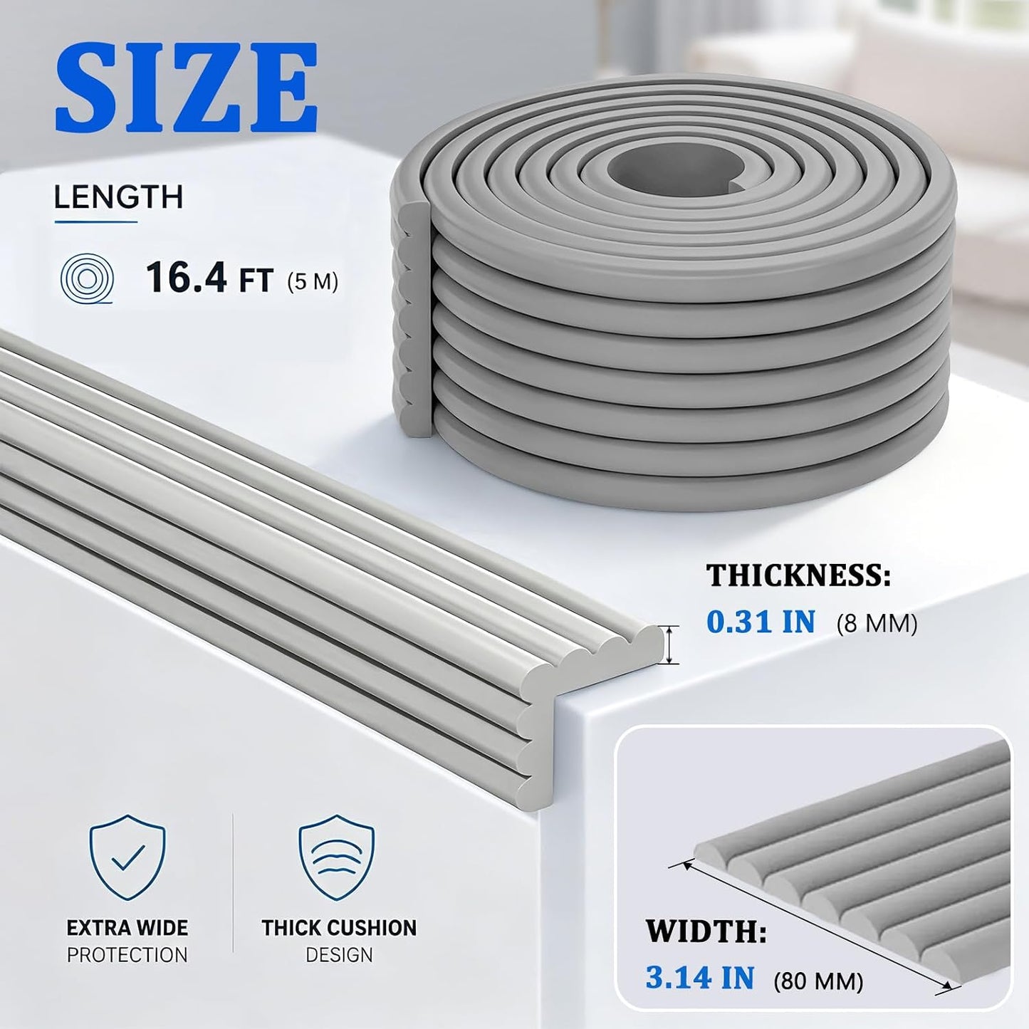 Edge Protector for Baby Proofing,Soft Foam Safety Bumper,Strong Adhesive Edge Guard Strip,Furniture Fireplace Table Cabinet Safety Cover for Baby,3.14in x 6.56ft,Black