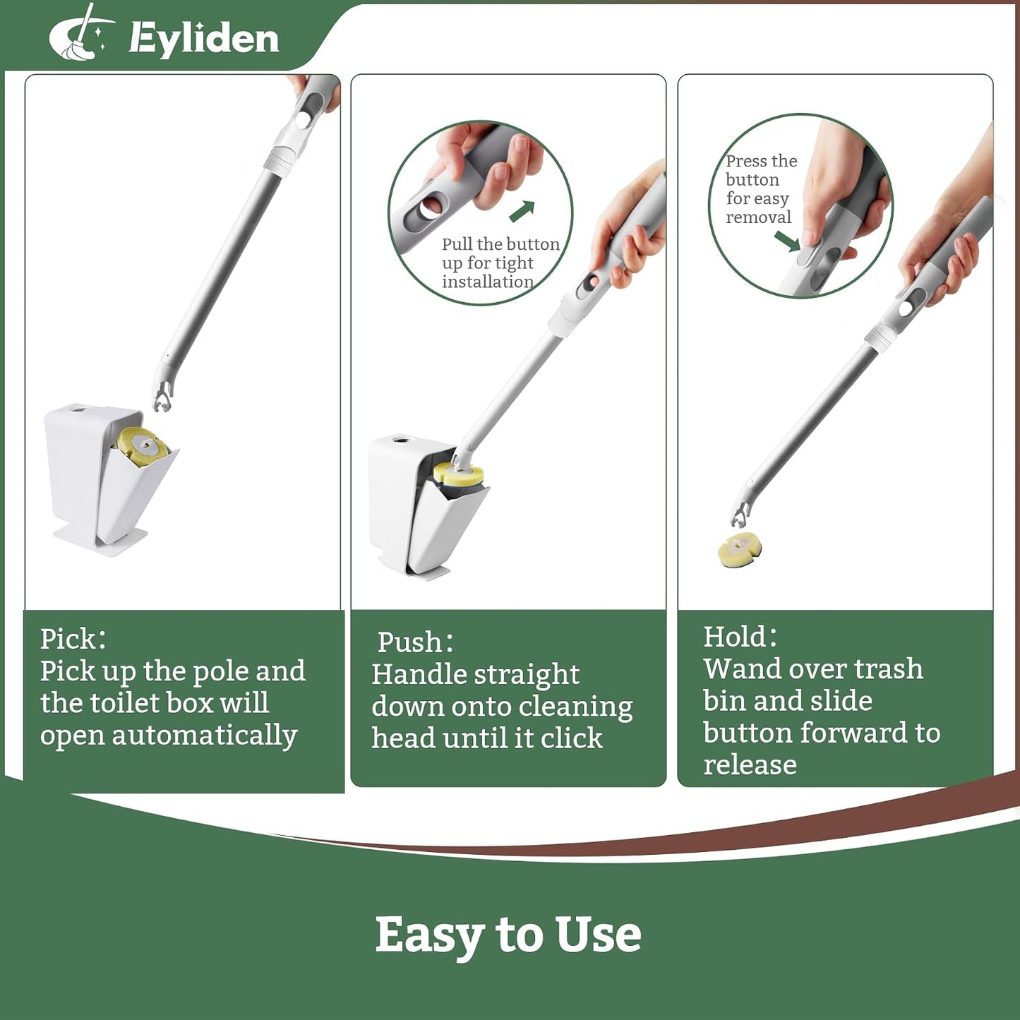 Eyliden Disposable Toilet Brush with Holder, 40-Refill Touch-Free Wand Kit | Pre-Soaked Concentrated Cleaner Sponge, Auto-open Caddy, 19.5" Aluminum Handle, 42 Set Toilet Bowl Cleaing, for Bathroom/RV
